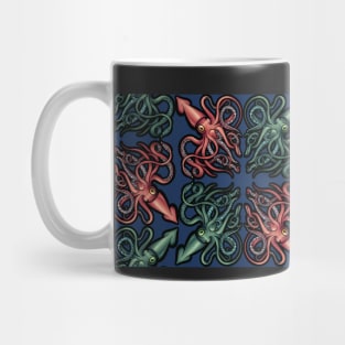 Red and Green Giant Squid Architeuthis Half Brick Repeat on dark blue Mug